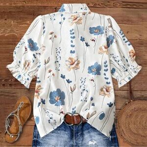 Floral and Butterfly Print Puff Sleeve Blouse & Short Set